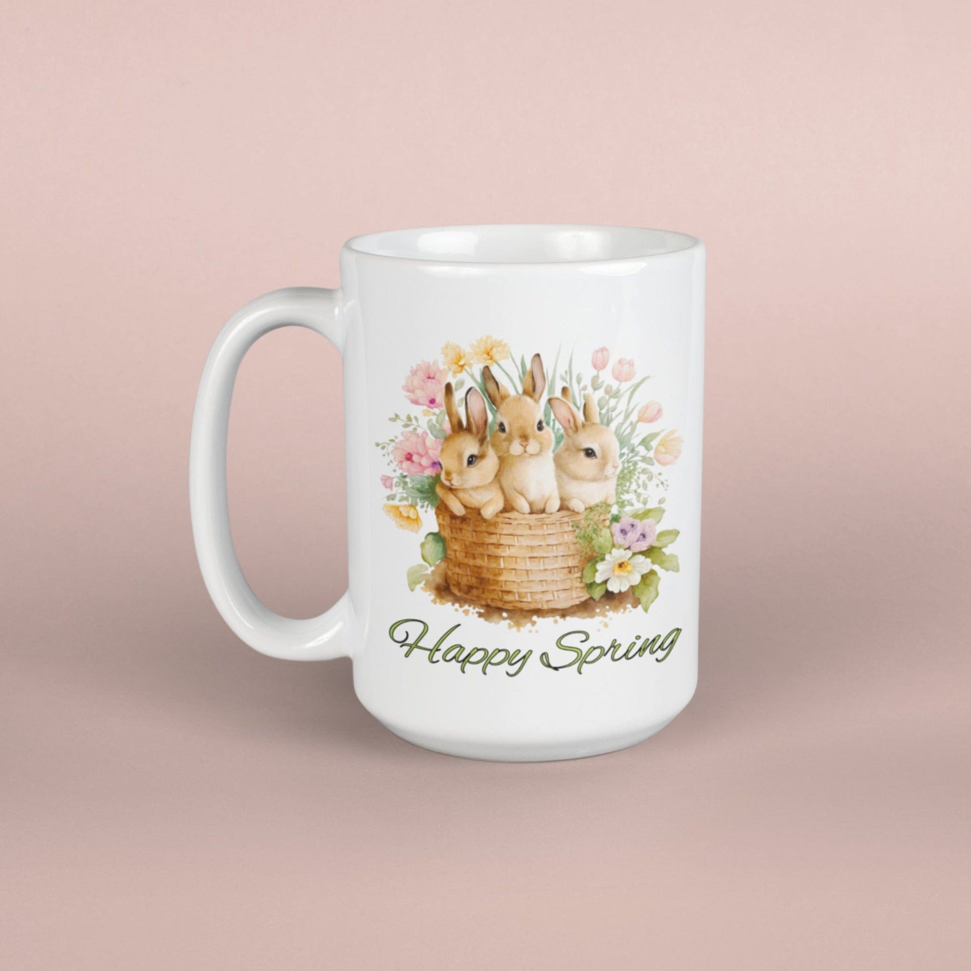 Printify Mug 15oz Coffee Mug, Happy Spring Coffee Mug, Bunnies Mug, Birthday Gift, Easter Mug, White 15 oz Ceramic, Gift for Her, Free Shipping 84439695751023154230